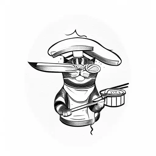 Cat Dressed As A Sushi Chef Holding A Knife