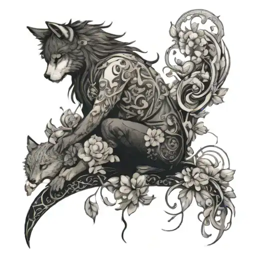A Dotwork Tattoo Of A Mystical Anime Character With Animal Companions And Floral Elements