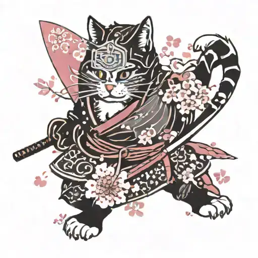 A Cat Dressed As A Samurai Warrior With Cherry Blossom Petals Falling Around It