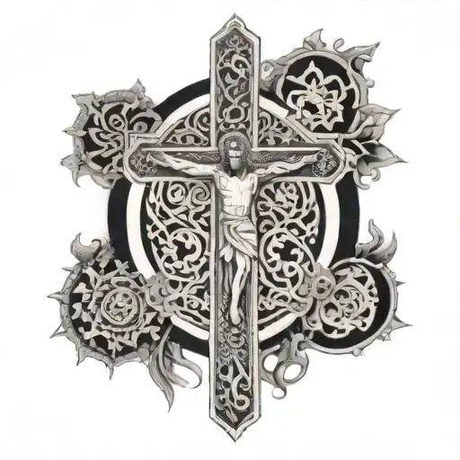 Cross With Intricate Patterns And Jesus And God