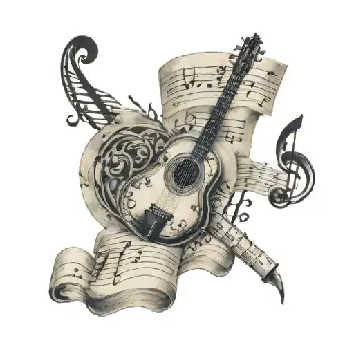 A Tattoo Of A Music Sheet Intertwined With Scenes From Different Historical Periods