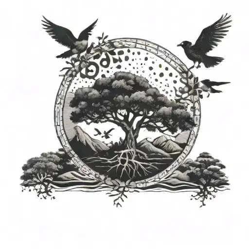 Tree Of Life In Circle With Mountains And Birds
