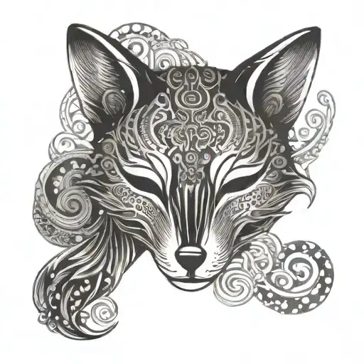 A Japanese Fox Mask With Intricate Music Notes And Symbols As Part Of The Design