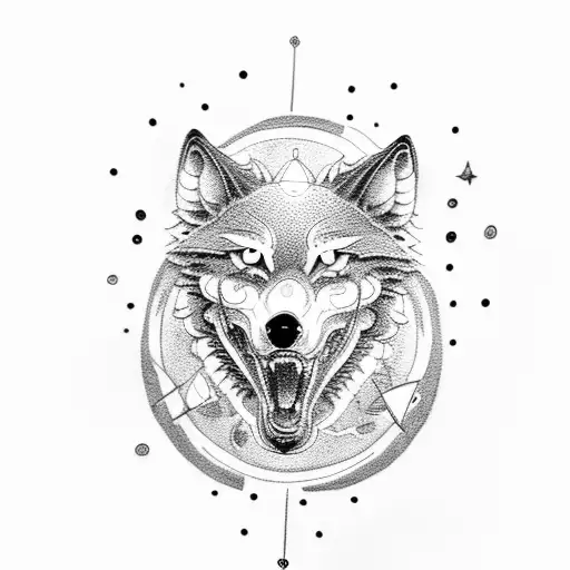 A Dotwork Tattoo Of A Robotic Wolf Howling At The Moon