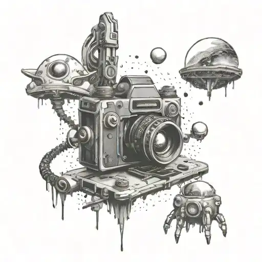 A Futuristic Alien Landscape With Cameras Floating In The Sky