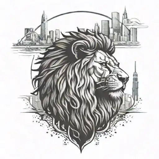 A Basketball Hoop Shaped Like A Lion's Head With The Uae Skyline In The Background