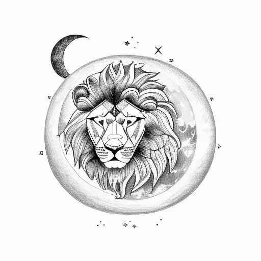 Moon With Lion Head On Top Geometric Lines