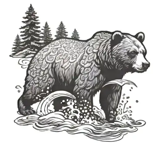 A Dotwork Design Of A Bear Catching A Salmon In A River Surrounded By Pine Trees