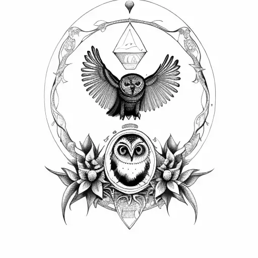 An Owl And Raven On Top Of An Hourglass With A Full Moon Within An Oval Frame Of Vines With 7 Lilies