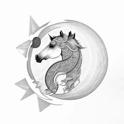 Horse Head To Neck Outline With Sun And Moon Elements And Chinese Writing In The Interior