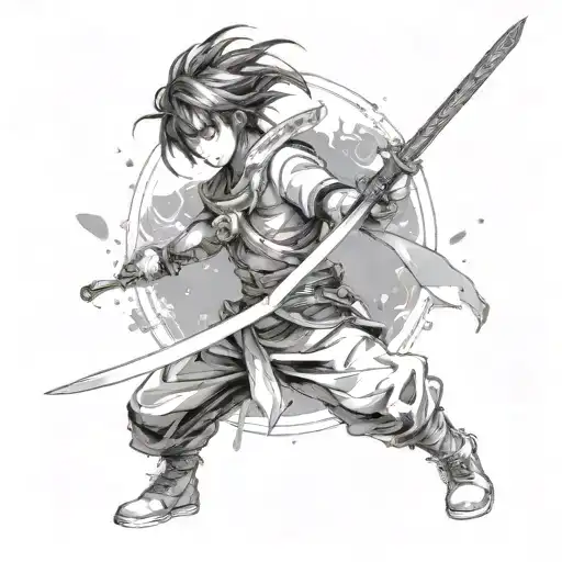 Create A Tattoo Featuring An Anime Character Wielding A Sword In A Dynamic And Action-packed Pose