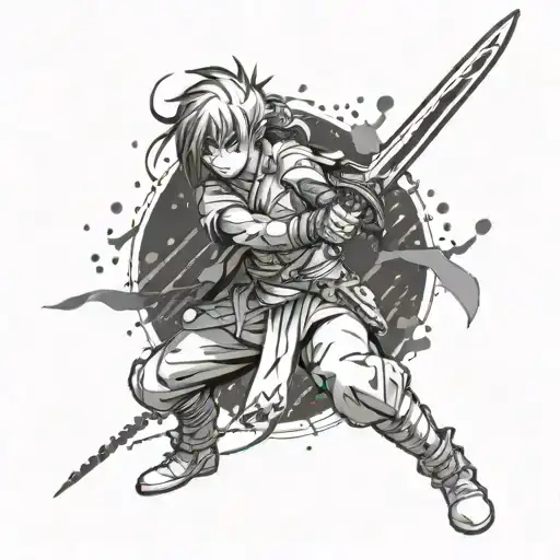 Create A Tattoo Featuring An Anime Character Wielding A Sword In A Dynamic And Action-packed Pose