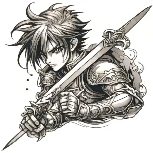 Create A Tattoo Featuring An Anime Character Wielding A Sword In A Dynamic And Action-packed Pose
