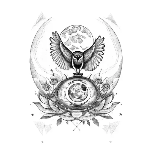 An Owl And Raven On Top Of An Hourglass With A Full Moon Within An Oval Frame Of Vines With 7 Lilies