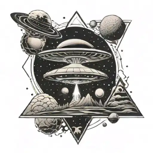 An Intricate Ufo Abduction Scene With Geometric Figures And Planets In The Background