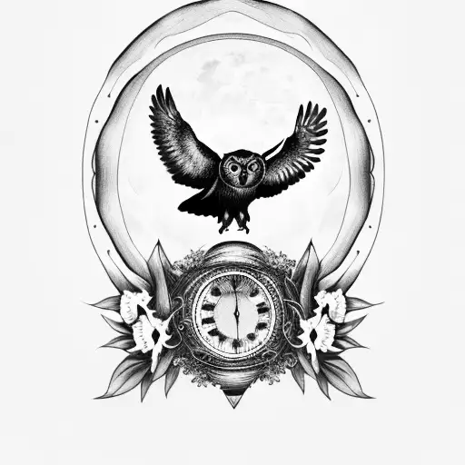 An Owl And Raven On Top Of An Hourglass With A Full Moon Within An Oval Frame Of Vines With 7 Lilies