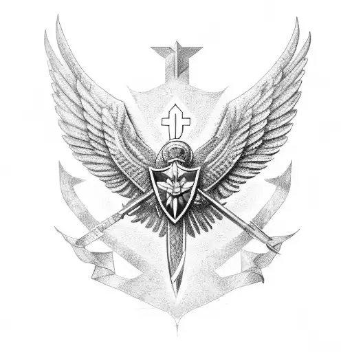 Archangel Michael In Dotwork Style With Military Insignia On His Armor