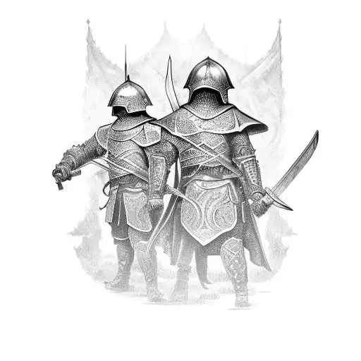 Armoured Men Standing Holding A Sword With Both Hand