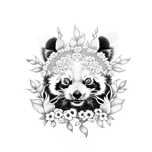 A Dotwork Tattoo Of A Red Panda Surrounded By A Floral Wreath