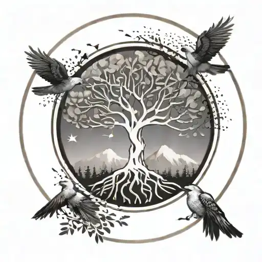 Tree Of Life In Circle With Mountains And Birds Flying