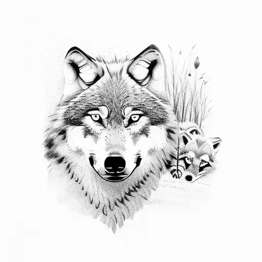 Wolf Walking Through Grass With Cubs