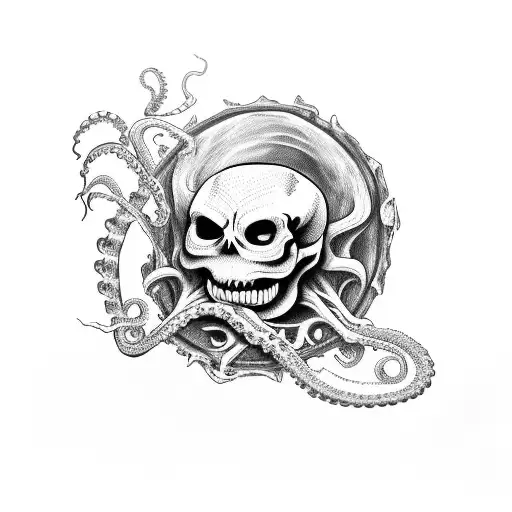 A Skeleton Reading A Book With An Octopus Crawling Out Of Its Eye Socket