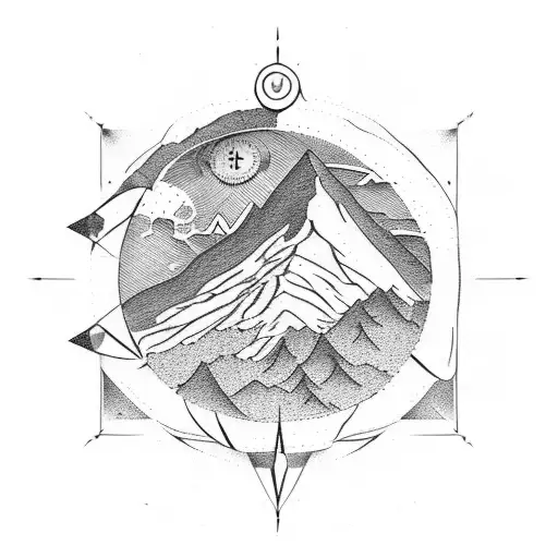 Mountain Scene With A Realistic Compass And Trees