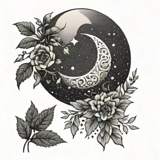 A Geometric Moon Design Surrounded By Floral Elements In Dotwork Style