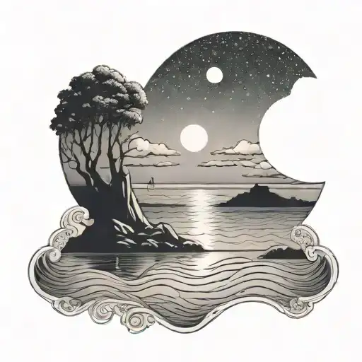 A Serene Beach Scene At Dusk With A Crescent Moon Reflected In The Calm Water