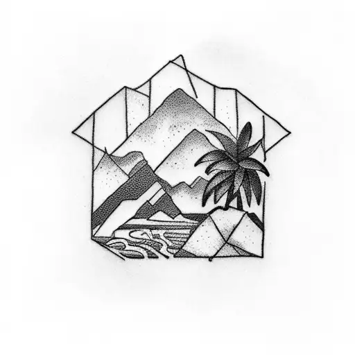 Small Tattoo Design Incorporating A Tropical Island And Mountain