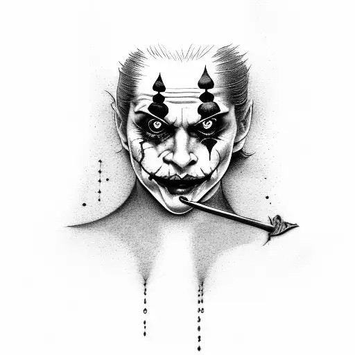 A Mesmerizing Dotwork Tattoo Showcasing A Joker Face And A Woman Provocatively Licking A Sword