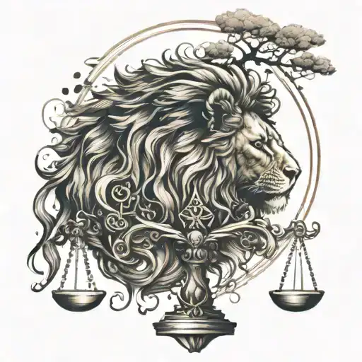 Lion Head And Justice Scales With Life Tree Emerging