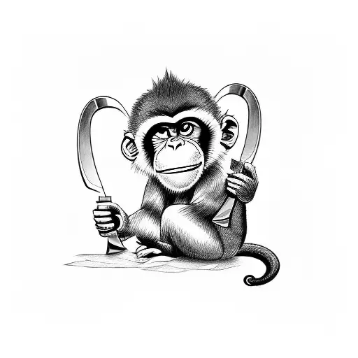 A Monkey Looking At A Knife In His Hand