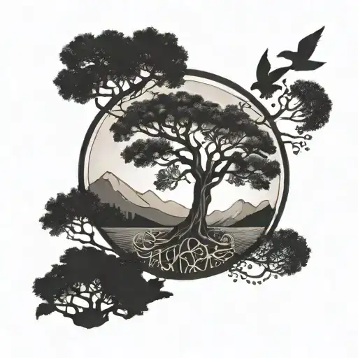 Tree Of Life In Circle With Mountains And Birds