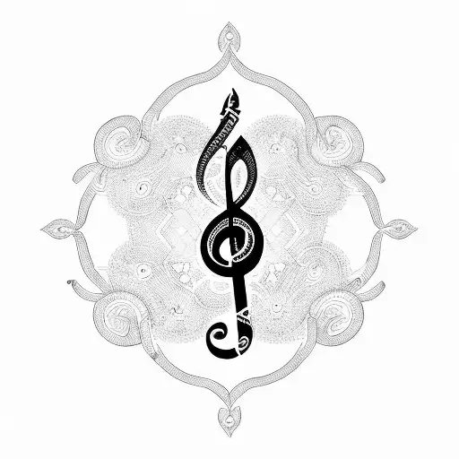 A Blackwork Tattoo Of A Treble Clef Symbol Merging Into A Mandala Pattern