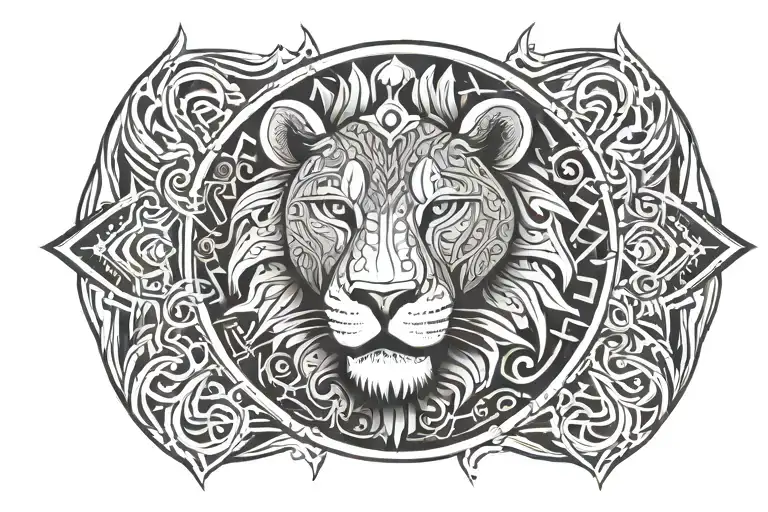 Polynesian Style With Lion Wearing Manta Ray Crown With Two Hammer Head Shark Swimming Below