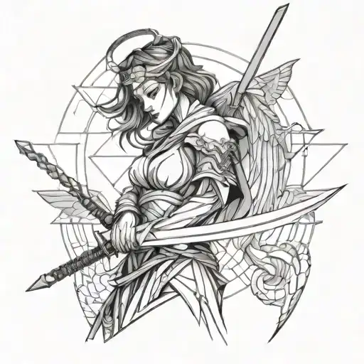 Angel Girl With Blindfold And Katana In Her Hands