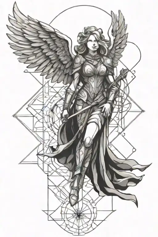 Heavily Armed Female Guardian Angel Hovering 10 Feet Above A Complex Sigil
