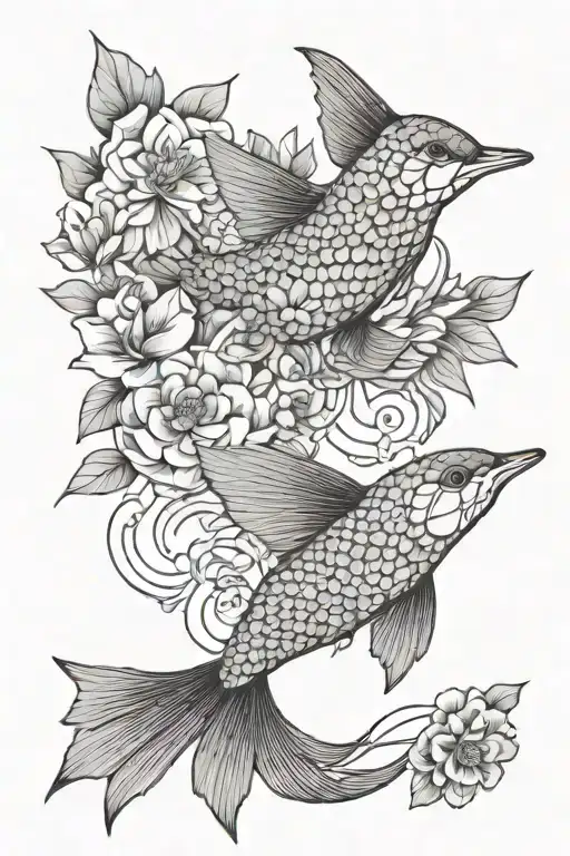 Koi Fish With Grey Cat Flowers And Hummingbird