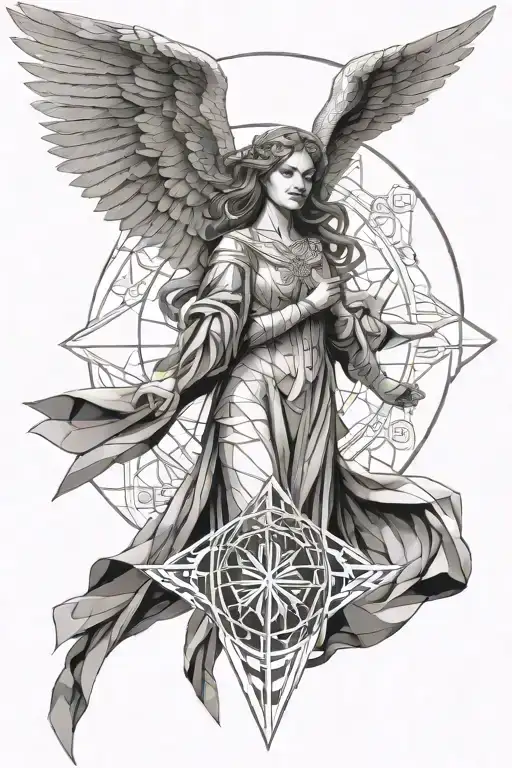 Female Guardian Angel Hovering Above A Complex Sigil
