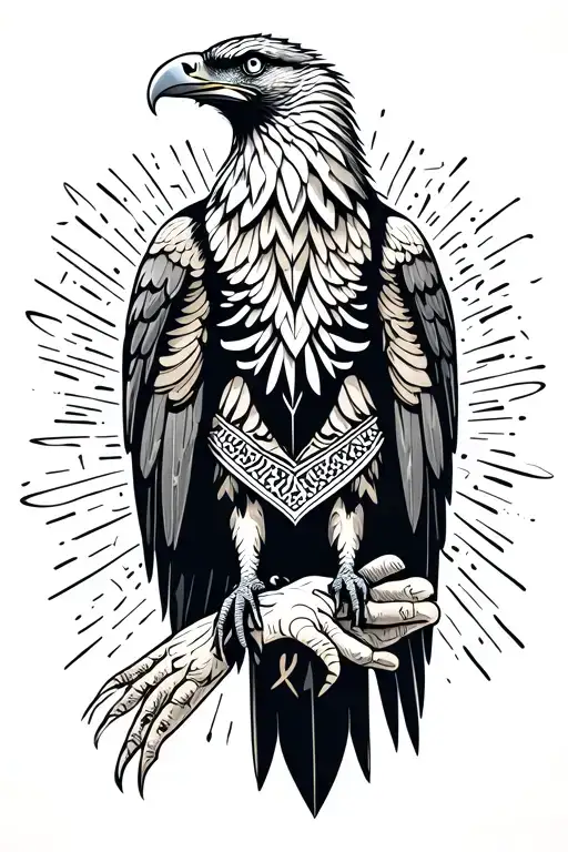 An Eagle Standing On An Arm Ready To Attack And Turkish Motifs On The Back