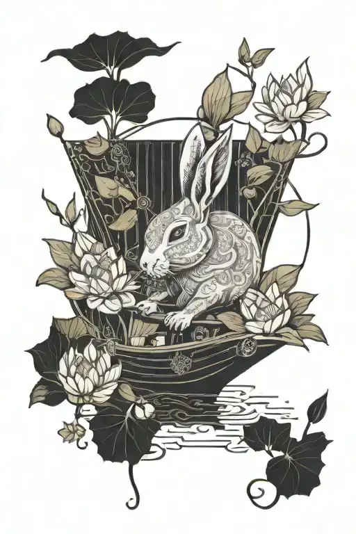 Chinese Rabit On A Boat Surrounded By Lotus Flowers Intertwined