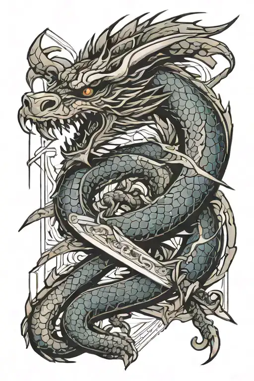 Japanese Dragon Wrapped Tightly Around A Katana Sword