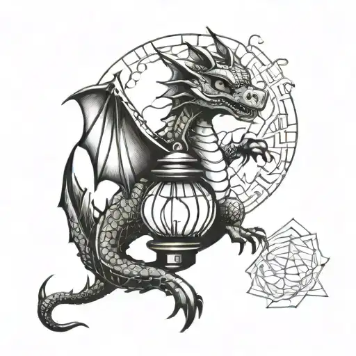 Cute Happy Baby Dragon With Japanese Lantern Dawn Flame