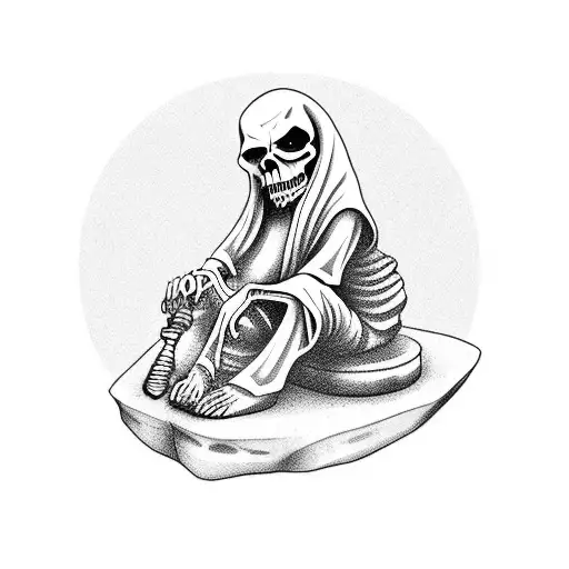 Grim Reaper Sitting On Stone Thinking