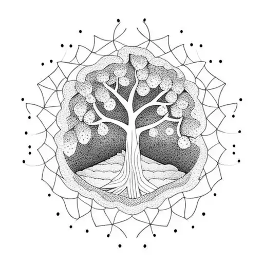 A Dotwork Tattoo Featuring A Tree With Branches Representing Each Family Member