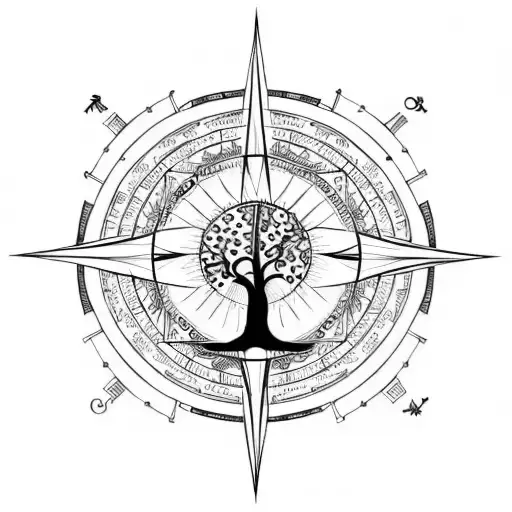 Tree Of Life With Compass And Hourglass And A Guitar
