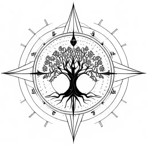 Tree Of Life With Compass And Hourglass With Geometric Background In A Forest