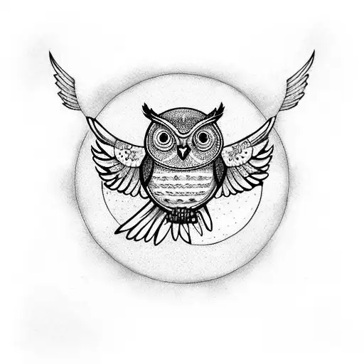 Bubo Virginianus Owl Flying With Open Wings On A Full Moon Night Holding A Clock