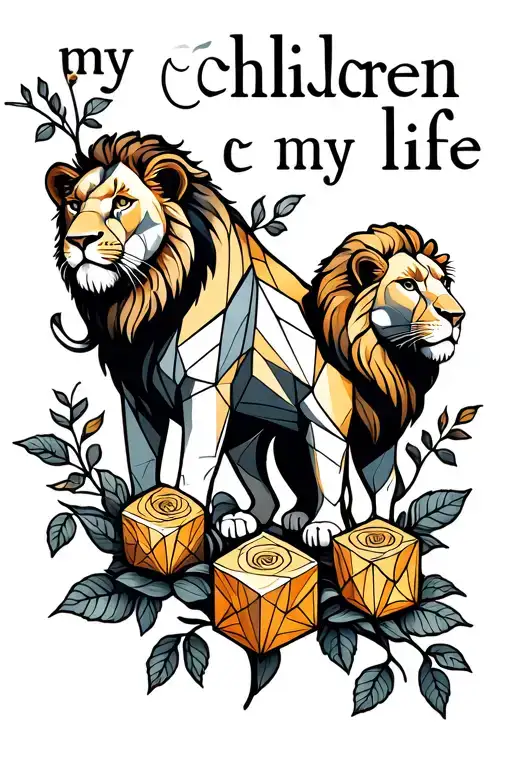 Lioness And Three Lion Cubes In The Rose Stem Inscription My Children My Life